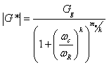 Equation 60. Christensen Anderson Marasteanu model to calculate the dynamic shear modulus. Vertical line G superscript star vertical line equals G subscript lowercase g divided by parenthesis 1 plus parenthesis omega subscript c divided by omega subscript R end parenthesis raised to the power of k, end parenthesis raised to the power of m subscript e divided by k.