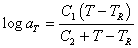 Equation 61. WLF model to calculate the time temperature shift factor. The logarithmic base 10 of a subscript T equals C subscript 1 times parenthesis T minus T subscript R end parenthesis divided by C subscript 2 plus T minus T subscript R.