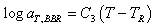 Equation 65. Calculation of temperature dependent shift factor for the BBR measurement. The logarithmic base 10 of a subscript T, BBR equals C subscript 3 times parenthesis T minus T subscript R end parenthesis.