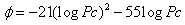 Equation 7. Hirsch model for predicting phase angle of hot mix asphalt. Phi equals the product of -21 time parenthesis logarithmic base 10 times Pc end parenthesis squared minus 55 times logarithmic base 10 times Pc.