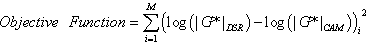 Equation 72. Calculation of objective function without BBR measurement. Objective function equals the summation from i equals 1 to M of the individual difference between parenthesis logarithmic base 10 of parenthesis vertical line G superscript star vertical line subscript DSR end parenthesis minus the logarithmic base 10 of parenthesis vertical line G superscript star vertical line subscript CAM end parenthesis, end parenthesis, subscript i, squared.