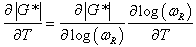 Equation 77. Derivative of dynamic shear modulus with temperature. The derivative of vertical line G superscript star vertical line divided by T equals the derivative of vertical line G superscript star vertical line divided by logarithmic base 10 of parenthesis omega subscript R end parenthesis times the derivative of logarithmic base 10 parenthesis omega subscript R end parenthesis divided by T.