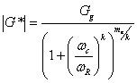 Equation 78. Christensen Anderson Marasteanu model to calculate the dynamic shear modulus. Vertical line G superscript star vertical line equals G subscript g divided by parenthesis 1 plus parenthesis omega subscript c divided by omega subscript R end parenthesis raised to the power of k end parenthesis raised to the power of m subscript e divided k.