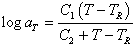 Equation 79. WLF model to calculate the time temperature shift factor. The logarithmic base 10 of a subscript T equals C subscript 1 times parenthesis T minus T subscript R end parenthesis divided by C subscript 2 plus T minus T subscript R.