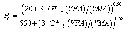 Equation 8. Hirsch model for predicting the aggregate contact volume. P subscript c equals the quotient of parenthesis 20 plus 3 times vertical line G superscript star vertical line subscript b times parenthesis VFA end parenthesis divided by parenthesis VMA end parenthesis, end parenthesis raised to the power of 0.58 all divided by 650 plus parenthesis 3 times vertical line G superscript star vertical line subscript b times parenthesis VFA end parenthesis divided by parenthesis VMA end parenthesis, end parenthesis raised to the power of 0.58
