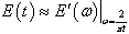 Equation 85. Relationship to convert the uniaxial relaxation modulus from time domain to frequency domain functions. E parenthesis t end parenthesis is approximately equal to E superscript apostrophe parenthesis omega end parenthesis for the frequency, omega equals the ratio of 2 divided by pi times t.