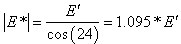 Equation 87. Calculation of dynamic modulus. Vertical line E superscript star vertical line equals the ratio of E superscript apostrophe divided by cosine parenthesis 24 end parenthesis equals the product of 1.095 times E superscript apostrophe.