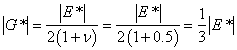 Equation 88. Calculation of dynamic shear modulus. Vertical line G superscript star vertical line equals the ratio of vertical line E superscript star vertical line divided by the product of 2 times the sum of parenthesis 1 plus nu end parenthesis equals the ratio of vertical line E superscript star vertical line divided by the product of 2 times the sum of parenthesis 1 plus 0.5 end parenthesis equals 1 divided by 3 times vertical line E superscript star vertical line.