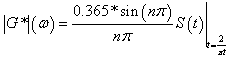 Equation 89. The relationship between the dynamic shear modulus and beam stiffness. Vertical line G superscript star vertical line parenthesis omega end parenthesis equals the ratio of the product of 0.365 times sinus times parenthesis n times pi end parenthesis divided by the product of n times pi, multiplied by S parenthesis t end parenthesis, for the time value, t equals the ratio of 2 divided by the product of pi times t.