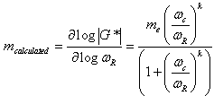 Equation 90. CAM model to calculate the m value. m subscript calculated equals the derivative of logarithmic base 10 of vertical line G superscript star vertical line divided by the logarithmic base 10 of omega subscript R equals m subscript e times parenthesis omega subscript c divided by omega subscript R end parenthesis raised to the power of k, divided by the sum of parenthesis 1 plus the ratio of parenthesis omega subscript c divided by omega subscript R end parenthesis raised to the power of k, end parenthesis.