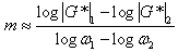 Equation 95. PAR model to calculate the log–log slope of beam stiffness. m is approximately equal to the difference between the logarithmic base 10 of vertical line G superscript star vertical line subscript 1 minus the logarithmic base 10 of vertical line G superscript star vertical line subscript 2 divided by the difference between the logarithmic base 10 omega subscript 1 minus the logarithmic base 10 omega subscript 2.