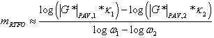 Equation 97. PAR model to calculate the log–log slope of beam stiffness for RTFO measurement. m subscript RTFO is approximately equal to the difference between the logarithmic base 10 of parenthesis vertical line G superscript star vertical line subscript PAV,1 times kappa subscript 1 end parenthesis minus the logarithmic base 10 of parenthesis vertical line G superscript star vertical line subscript PAV, 2 times kappa subscript 2 end parenthesis, divided by the difference between the logarithmic base 10 of omega subscript 1 minus the logarithmic base 10 of omega subscript 2.