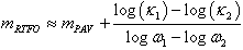 Equation 98. PAR model to calculate the log–log slope of beam stiffness for RTFO measurement. m subscript RTFO is approximately equal to m subscript PAV plus the ratio of the difference between the logarithmic base 10 of parenthesis kappa subscript 1 end parenthesis minus the logarithmic base 10 of parenthesis kappa subscript 2 end parenthesis divided by the difference between the logarithmic base 10 of omega subscript 1 minus the logarithmic base 10 of omega subscript 2.