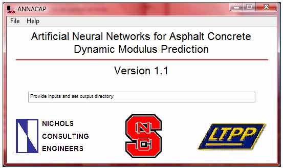 Figure 205. Screenshot. ANNACAP main screen. This figure shows the main screen of the Artificial Neural Networks for Asphalt Concrete Dynamic Modulus Prediction (ANNACAP) software. It is a typical user interface on a windows platform and has a standard menu that consists of a “File” and “Help” toolbar. The body of the window is divided into two regions. The top region states “Artificial Neural Networks for Asphalt Concrete Dynamic Modulus Prediction, Version 1.0”. Underneath, the screen reads “Provide inputs and set output directory.” In the low region of the page, the logos for Nichols Consulting Engineers, North Carolina State University (NCSU), and Long–Term Pavement Performance (LTPP) are shown. The middle region is called the “Canvas Panel,” and the right region is called the “Visualization Toolkit (VTK) Control Panel.”