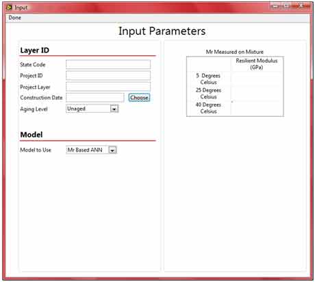 Figure 207. Screenshot. ANNACAP input screen. This figure shows a sample data entry window that is invoked when “File” and then “Input Data” are clicked on the main screen of the Artificial Neural networks for Asphalt Concrete Dynamic Modulus Prediction (ANNACAP) software. The screen is divided into two regions: the left side and right side, which are separated by bordered regions. The left side has areas for inputting basic information for the nonbatch mode runs, choosing the mode to use, and choosing the input parameter complexity to use. The first section is “Layer ID,” and the user can enter the following items: State code, project ID, project layer, construction date, and aging level. Below in the model section, the user can enter the model to use. The right side has inputs specific to the chosen analysis mode. Necessary inputs appear on both the left and right sides of the screen as users make selections. After selecting all of the appropriate factors and entering all necessary inputs, pressing “Done” on the menu bar will return users to the main ANNACAP screen.