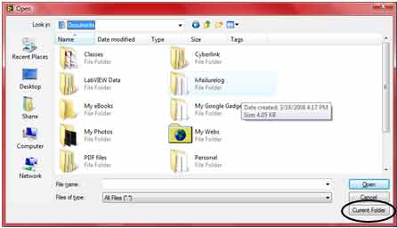 Figure 209. Screenshot. Choosing output directory. This figure shows the screenshot to choose the output directory. When the browse button is pressed, the folder selection dialog will appear, as seen in the figure. Users should then navigate to the desired output folder and select the “Current Folder” button on the bottom right of the screen (circled in black in the figure). When selected, users return to the output directory dialog screen. To keep the chosen directory, users should press “OK” to return to the main screen. If users do not choose to keep the directory, they should press “Cancel.”