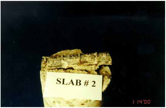 Figure 10. Photo. Autopsy of core extracted from slab 2 in December 1999. This photograph shows an autopsy of the single core collected from slab 2 in December 1999, with visible ongoing corrosion in localized areas and expansive corrosion products on the extracted rebar.