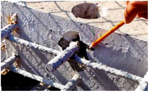 Figure 11. Photo. Corrosion and spalling on one rebar at the concrete-air interface on the side of slab 3 in September 1997. This photograph shows cracks on slab 3 that originated at the protruding rebars and either connected or passed over them. Corrosion of the rebars just inside the concrete on the side of the slab that resulted in a spall is shown.