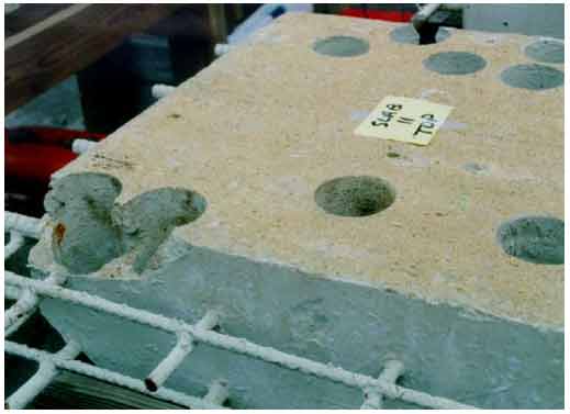 Figure 19. Photo. Noncorrosion-related concrete failure adjacent to core holes on one corner of slab 11 in spring 1997. This photograph shows noncorrosion-related failure of a corner adjacent to a core hole on slab 11 in spring 1997.