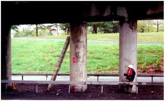Figure 41. Photo. Water flowing down the pier caps and columns through leaking joints. This photograph shows evidence of water flowing down the pier caps and columns through leaking joints.