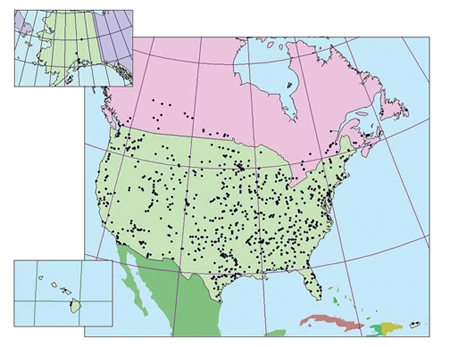 Basic map of North America (with Alaska and Hawaii inset), on which scattered dots show the locations of LTPP pavement test sections in all 50 U.S. States, Puerto Rico, District of Columbia, and Canadian Provinces.