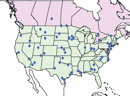 Basic map of North America with scattered dots to show the locations of instrumented sites in the LTPP Seasonal Monitoring Program. Locations are shown across the United States and in Canada.