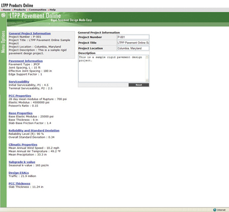 Screen capture of the LTPP Pavement Online software is shown. Data are visible for General Project Information, Pavement Information, Serviceability, PCC Properties, Base Properties, Reliability and Standard Deviation, and Climatic Properties.