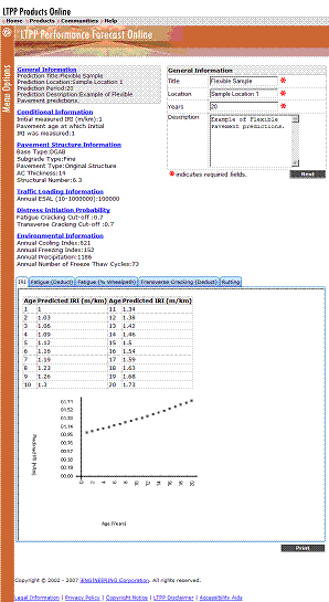 Figure 1. Screen shot. Flexible pavement example. This is a screen shot of the long-term pavement performance (LTPP) Performance Forecast online software. The top part of the screen shows all of the inputs required for running the software. These inputs are grouped into the following categories: general information, conditional information, pavement structure information, traffic loading information, distress initiation probability, and environmental information. The conditional information is highlighted because the details about the inputs are shown to the right. Five tabs are located below the inputs that show the pavement performance predicted from the software. The tabs are international roughness index (IRI), fatigue (deduct value), fatigue (% wheelpath), transverse cracking (deduct value), and rutting. The IRI tab has been selected. There is a table below the tabs that shows the predicted rutting for pavement aged 1 year through 20 years. There is a line graph below the table showing the rutting predictions for pavement ages 1 through 20. The y-axis shows predicted rutting, and the x-axis shows pavement age. The data points on the graph show that predicted rutting increases with pavement age.