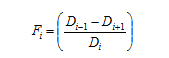 F subscript i equals open parenthesis the quantity D subscript i minus 1 minus the quantity D subscript i plus 1divided by the quantity D subscript i closed parenthesis.