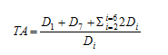 TA equals D subscript 1 plus D subscript 7 plus the summation of 2 times D subscript i with values of i ranging from 2 to 6 divided by D subscript i.