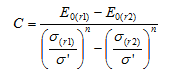 Figure 17. Equation. Calculation of C. C equals E subscript zero time open parenthesis r times 1 closed parenthesis minus E subscript zero times open parenthesis r times 2 closed parenthesis all divided by open parenthesis sigma subscript open parenthesis r times 1 closed parenthesis divided by sigma prime closed parenthesis raised to the power of n minus the quantity open parenthesis sigma subscript open parenthesis r times 2 closed parenthesis divided by sigma prime closed parenthesis raised to the power of n