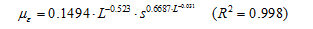 Figure 45. Equation. Average expected error due to sampling. Mu subscript epsilon equals 0.1494 times L raised to the power of -0.523 times S raised to the power of 0.6687 times L raised to the power of -0.031. On the right side of the equation, the equation R-squared equals 0.998 is shown.