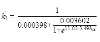 k prime subscript 1 equals 1 divided by the quantity 0.000398 plus 0.003602 divided by 1 plus constant e raised to the power of 11.02 minus 3.49 times h subscript ac.