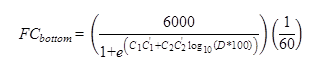 FC subscript bottom equals open parenthesis 6,000 divided by 1 plus e raised to the power of open parenthesis C subscript 1 times C prime subscript 1 plus C subscript 2 times C prime subscript 2 times the logarithm with base 10 of open parenthesis D times 100 closed parenthesis closed parenthesis times open parenthesis 1 divided by 60 closed parenthesis.