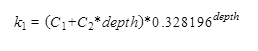 k subscript 1 equals open parenthesis C subscript 1 plus C subscript 2 times depth closed parenthesis times 0.328196 raised to the power of depth.