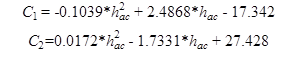 This figure shows two separate equations. The first equation is C subscript 1 equals -0.1039 times h squared subscript ac plus 2.4868 times h subscript ac minus 17.342. The second equation is C subscript 2 equals 0.0172 times h squared subscript ac minus 1.7331 times h subscript ac plus 27.428.