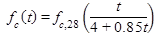 f subscript c times open parenthesis t closed parenthesis equals f subscript c,28 times the total sum of open parenthesis t divided by 4 plus 0.85 times t closed parenthesis.