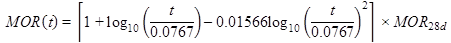 MOR open parenthesis t closed parenthesis equals open bracket 1 plus log subscript 10 open parenthesis t divided by 0.0767 closed parentheses minus 0.01566 times log subscript 10 times open parenthesis t divided by 0.0767 closed parenthesis raised to the power of 2 closed bracket times MOR subscript 28d.