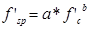 f prime subscript sp equals a times f prime subscript c raised to the power of b.