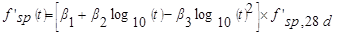 f prime subscript sp times open parenthesis t closed parenthesis equals open bracket beta subscript 1 plus beta subscript 2 times log subscript 10 open parenthesis t closed parenthesis minus beta subscript 3 times log subscript 10 open parenthesis t closed parenthesis raised to the power of 2 closed bracket times f prime subscript sp, 28d.