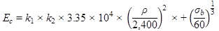 Figure 25 is a set of two equations, with the first in MPa and the second in ksi. In the first, E subscript c equals k subscript 1 times k subscript 2 times 3.35 times 10 raised to the power of 4 times open parenthesis rho divided by 2,400 closed parenthesis raised to the power of 2 times positive open parenthesis sigma subscript b divided by 60 closed parenthesis raised to the power of 1 divided by 3. In the second equation, E subscript c equals k subscript 1 times k subscript 2 times 4,860 times open parenthesis rho divided by 150 closed parenthesis raised to the power of 2 times positive open parenthesis sigma subscript b divided by 8.7 closed parenthesis raised to the power of 1 divided by 3.