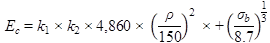 Figure 25 is a set of two equations, with the first in MPa and the second in ksi. In the first, E subscript c equals k subscript 1 times k subscript 2 times 3.35 times 10 raised to the power of 4 times open parenthesis rho divided by 2,400 closed parenthesis raised to the power of 2 times positive open parenthesis sigma subscript b divided by 60 closed parenthesis raised to the power of 1 divided by 3. In the second equation, E subscript c equals k subscript 1 times k subscript 2 times 4,860 times open parenthesis rho divided by 150 closed parenthesis raised to the power of 2 times positive open parenthesis sigma subscript b divided by 8.7 closed parenthesis raised to the power of 1 divided by 3.