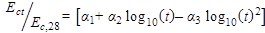 E subscript ct divided by E subscript c,28  equals open bracket alpha subscript 1 plus alpha subscript 2 times log subscript 10 open parenthesis t closed parenthesis minus alpha subscript 3 times log subscript 10 open parenthesis t closed parenthesis raised to the power of 2 closed bracket.