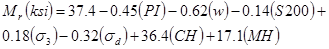 M subscript r times open parenthesis ksi closed parenthesis equals 37.4 minus 0.45 times open parenthesis PI closed parenthesis minus 0.62 times open parenthesis w closed parenthesis minus 0.14 times open parenthesis S times 200 closed parenthesis plus 0.18 times open parenthesis sigma subscript 3 closed parenthesis minus 0.32 times open parenthesis sigma subscript d closed parenthesis plus 36.4 times open parenthesis CH closed parenthesis plus 17.1 times open parenthesis MH closed parenthesis.