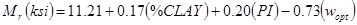 M subscript r times open parenthesis ksi closed parenthesis equals 11.21 plus 0.17 times open parenthesis percent CLAY closed parenthesis plus 0.20 times open parenthesis PI closed parenthesis minus 0.73 times open parenthesis w subscript opt closed parenthesis.