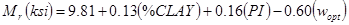 M subscript r times open parenthesis ksi closed parenthesis equals 9.81 plus 0.13 times open parenthesis percent CLAY closed parenthesis plus 0.16 times open parenthesis PI closed parenthesis minus 0.60 times open parenthesis w subscript opt closed parenthesis.