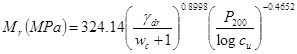 M subscript r open parenthesis MPa closed parenthesis equals 324.14 open parenthesis gamma subscript dr divided by w subscript c plus 1 closed parenthesis raised to the power of 0.8998 times open parenthesis P subscript 200 divided by log c subscript u closed parenthesis raised to the power of -0.4652.