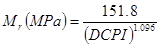 M subscript r times open parenthesis MPa closed parenthesis equals 151.8 divided by open parenthesis DCPI closed parenthesis raised to the power of 1.096.