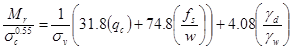 M subscript r divided by sigma subscript c raised to the power of 0.55 equals 1 divided by sigma subscript v times open parenthesis 31.8 times open parenthesis q subscript c closed parenthesis plus 74.8 times open parenthesis f subscript s divided by w closed parenthesis, closed parenthesis plus 4.08 times open parenthesis gamma subscript d divided by gamma subscript w closed parenthesis. 