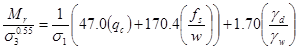 M subscript r divided by sigma subscript 3 raised to the power of 0.55 equals 1 divided by sigma subscript 1 times open parenthesis 47.0 times open parenthesis q subscript c closed parenthesis plus 170.4 times open parenthesis f subscript s divided by w closed parenthesis, closed parenthesis plus 1.70 times open parenthesis gamma subscript d divided by gamma subscript w closed parenthesis.